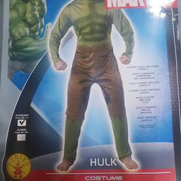 FULL ADULT JUMPSUIT COSTUME AS PICTURED IN SIZE LARGE. SUITABLE FOR CHEST SIZE 38"-42".

COMES WITH A BONUS MASK TO USE IF YOU DON'T WISH TO PAINT YOUR FACE GREEN.

NOT IN ORIGINAL PACKAGING. NOT USED STILL NEW.