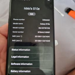 I am selling my s10e due to an upgrade.

the phone is unlocked
it has a shatter to the surface of the back but the screen is perfectly fine with no cracks phone still works perfectly and iv never had a problem with it

I am sure I have the box to so will have a look for it comes with the charger lead but not the plug It will be completly reset ready for néw owner

collection from rowley regis local delivery for small fee

open to sensible offers

£150 ono