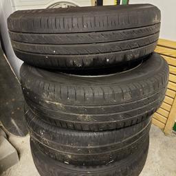 Just come off VW Up Move, Steel wheels no buckles, 4 budget tyres, 165/70/14, 2 with 4mm, 1 with 3mm and 1 with 2mm tread. Condition of wheel hubs see pics, all have slight scuff, centre caps slight corrosion too. Collection only.  Now reduced.