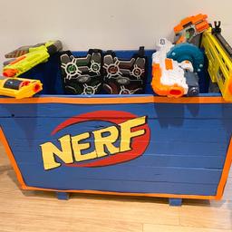 100% Bespoke, Unique and Hand Made Nerf Crate. Built out of Solid wood to withstand loads of guns and be perfect for the best Nerf soldiers out there!

This comes with 5 guns that are all in fab condition, 2 Nerf vests for Nerf battles and a full pack of mixed bullets.

Collection Only S74