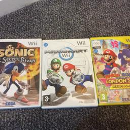 Hi I’m selling a Nintendo Wii Bundle of Games consisting of:
MarioKart
Mario & Sonic at the London 2012 Olympic Games 
Sonic and the Secret Rings

All in excellent condition and comes from a smoke free home 

Collection only