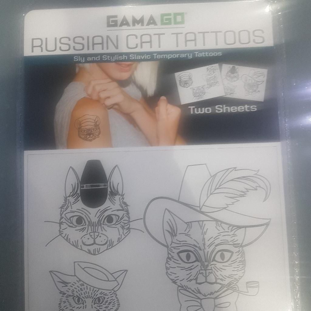 NEW AND SEALED GAMAGO RUSSIAN CAT TATTOOS. (TWO SHEETS IN SINGLE PACK)

SLY AND STYLISH SLAVIC TEMPORARY TATTOOS.

UNIVERSAL FOR MEN AND WOMEN

DISCOUNTS
1 PACK = £2 EACH
10 PACKS + = £1.50 EACH
20 PACKS + £1.30 EACH
30 PACKS + £1.20 EACH
....
50 PIECES + £1.00 EACH

COLLECTION FROM ACCRINGTON LANCASHIRE ONLY OR DELIVERY AT BUYERS EXPENSE.