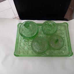 Green vanity tray 
three jars  one lid missing 
on Jars for  Rings
vintage it's its about 
1936 years old use a few times collection only no time wasted