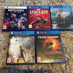 Please note the price per game is below, happy to consider options.

Games 

PS5 Watchdogs  £10

All PS4:
Spider-Man £10 SOLD
Shadow of the Tomb raider £5
Assassins creed odyssey limited edition £15
God of war £10 SOLD
