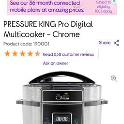 New and unused 

Pressure King Pro
Digital multicooker

Get your meals to the table quicker so you can enjoy and do more with your day. The Pressure King Pro Digital Multicooker prepares your meals up to 90% faster than conventional cooking methods.

Read about it online 
RRP £50
Smoke free home
Happy to deliver in Telford for additional £5