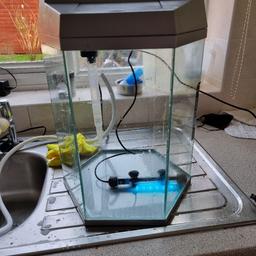 hex fish tank 
original lights are missing power lead and bulb but I've added a submersible colour changing light with remote 
built in filter