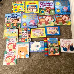 18 books
Some new, some used condition.
Includes vtech nursery rhymes book still sold in Argos at £12, does work but new batteries can be replaced.

Includes sound books. One animals touch and feel book

Bargain price less then. 50p per book
