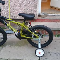 Suitable for ages 5-7 years brought for my son from hawk cycles only rid once but too big for it now as u can see still in new condition not a mark on the bike at all tyres and brakes still in new condition