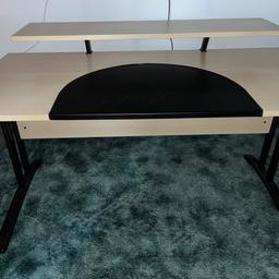 Beautiful sturdy desk with add on curved extension. Metal legs and metal shelf support. Curved metal desk protector.
Desk Dimensions - length 150 cm, depth 75 cm, height 73 cm.
Shelf Dimensions - length 122.5 cm, depth 29.5 cm, height 15.5 cm.
Circular End - length 78.5 cm, depth 90 cm.
Desk is in excellent good as new condition.
Desk Protector has a couple of tiny marks.
Has been dismantled for easy collection.