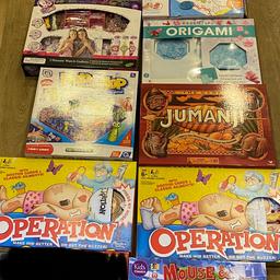 Origami set only 1 sheet of paper used. 
Operation x 2 
Jumanji 
Pop and hop
Crayola light up stamping set 
Watch making set 
Mouse and cheese game 

Please note , not £1. I will accept a reasonable offer on these individually , or can be bought as a bundle.