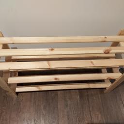 3-tier shoe rack from Habitat, originally bought from Argos. Used, but in perfect condition.
Solid pine frame.
Ready to paint, stain, varnish or leave natural, this sturdy rack is a welcome addition to any bedroom or hallway.
Made from pine.
Stores an average of 9-12 pairs of shoes.
3 fixed shelves.