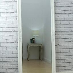 Large shabby chic white leaning mirror 
65" x 31" or 
165cm x 79cm or 
5' 5" x 2' 7"
Perfect condition. Looks great leaning on wall in hallway or bedroom walls.