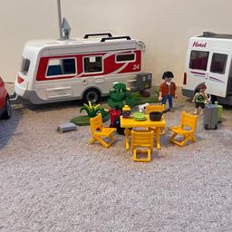 Playmobil caravan. Car and hotel van. Some Small accessories missing. Over wise in fab condition