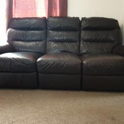 I have 2 3 seaters leather recliner dfs sofas for sell. General condition is good. Some of seats colour is faded. I have a brand new leather spare original cover from DFS to replace it or you can buy dfs colour online to touch it up if you want. These are expensive and very comfortable sofas from a smoke and pet free home. You can easily take them apart into 2 seater and 1 seat to take them away. It is easy to take them through a normal door.