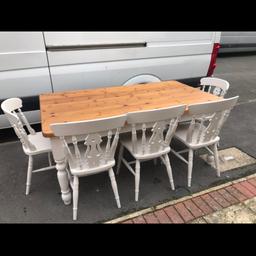 Beautiful solid farmhouse table, chairs  with bench 6ft length,  (the table legs do not come off) the table comes with 5 chairs and a bench or if you prefer can be sold with just 6 chairs and no bench, collection or delivery is an option depending where abouts you are as there would be a delivery charge depending how far you are away thank you.