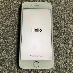 iPhone 6S 16GB in silver. Locked to Vodafone. Scratches on the back and sides as can be expected for the age. Cracked screen but doesn’t affect use. Touch ID doesn’t work