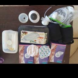 Big bundle breastfeeding Tommee Tippee
-new spair parts for the express machine Tommee Tippee
-Nipple shields from Mendela -new
-Tommee tippee teats no 1 
-box for frozen milk from Tommee Tippee
-Lansinoh breast pads disposable -3 full boxes 
-glass fruit/vegetable grater
-and other little bits for breastfeeding