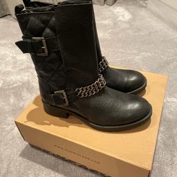 River island ladies black leather boots featuring buckles & chains in immaculate condition, worn once. Paid £80 brand new