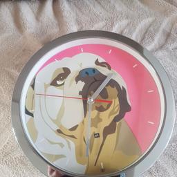 Wall clock
Second hand
Picture of a bull dog on the front
Chrome casing
Good working order