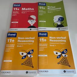 Oxford Bond 11+ Papers - Non-verbal reasoning (9-10 & 10-11 years), verbal reasoning (9-10 years) and Maths (9-10 years). Only a few pages completed on each and rubbed out. Over 160 pages never used. Each book cost £7.99 collection Woodford.

Smoke and pet free home.