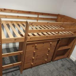 Pine Midsleeper bed with draws and pull out desk. £100 ONO
⭐ Used condition and due to being soft wood there are some stains and blemishes throughout.
⭐ The screw covers are missing as shown in picture.
⭐ See last photo for full measurements.
⭐ Instructions included.
⭐ Will be minimally dismantled.
⭐ Collection Only.

NEED GONE ASAP
