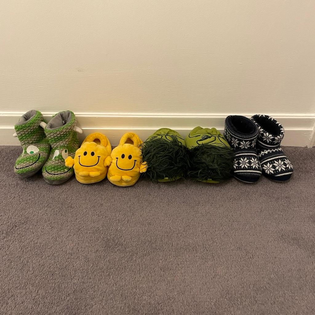 Mr Happy Size 8 £2
Fair isle boots Size 8 £2
Monster boots Size 8/9 £1
Hulk Slippers Size 7/8 £1

From smoke and pet free home.

Please note: Collection only from Haworth, Keighley. Will not post, cannot deliver. No time wasters. Cash on Collection