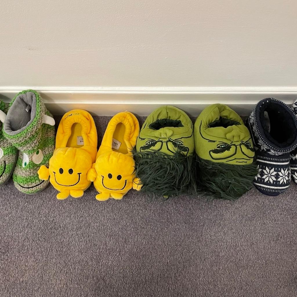 Mr Happy Size 8 £2
Fair isle boots Size 8 £2
Monster boots Size 8/9 £1
Hulk Slippers Size 7/8 £1

From smoke and pet free home.

Please note: Collection only from Haworth, Keighley. Will not post, cannot deliver. No time wasters. Cash on Collection
