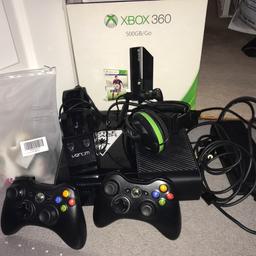 xbox 360 with all wires.
19 games. (gta only disc)
one eared headset.
charging dock for controllers.
controllers skins.
COLLECTION ONLY