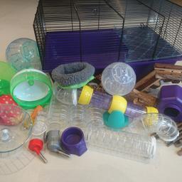 Large Hamster Cage from 'Pets At Home' and assorted hamster accessories.
Cage approx 55.5cm x 37cm, height 30cm, plastic base and wire cage. includes detachable tube hamster run. 
Also 2 water bottles,  1 large and 1 small hamster balls, 3 different hamster wheels, 1 strawberry hamster house, 1 small plastic house, 1 feed bowl, 1 wicker shelter,  1 hamster seesaw tube, 1 soft small hamster basket, 1 wooden climbing frame,  wooden play tube.
All in great condition, Collection Only postcode B60