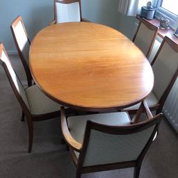 G PLAN Fresco Mid-Century Modern Teak Extending Dining Table & 6 Chairs -CIS S98

Length (cm) 163
Width (cm) 107
Height (cm) 72
Length when extended is 209cm
Chair dimensions W: 49cm, D: 44cm, H 88cm

The table does show signs of age and is faded in places but is very sturdy and has not faults. For its age this is in great condition.

Collection from Otford TN145PX