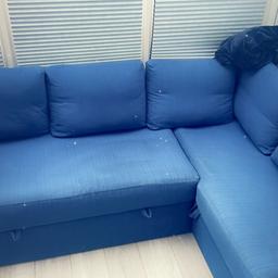 ikea sofa bed, the whole chaise long is storage, does have slight fading in place but nothing that couldn't be fixed with the right stuff. its easy to pull into a sofa bed. its a lovely blue colour. I'm not a pet free home.