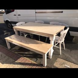 Beautiful solid 6ft farmhouse table with 4 chairs and bench, this set is collection from Birmingham ( table legs do dismantle for transport ) thank you.