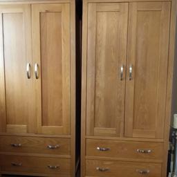 Oak Wardrobes.
Matching pair of medium oak
2 door 2 drawer wardrobes.
Good condition with just a few small signs of wear and tear, but no damage.
Solid oak frames, very sturdy and heavy, requires two people to lift.
Metal drawer runners
190cm tall
86cm wide ( cornice top 93cm wide)
52cm deep
Collection only from ME3 9 area. Cash on collection.
Available now.
Advertised elsewhere.