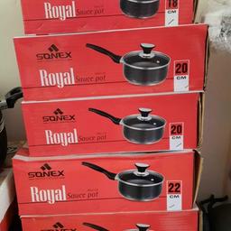 Non-Stick Stock Sauce Pot Cooking Pots Boiling Pot For Tea Milk Water 
20 cm, £15
22 cm, £18 
24 cm, £20

•Double layered non-stick surface that reduces the contact between the food and the fat.
• Excellent non-stick properties, easy release. Only a little bit of fat is needed. Easy to clean.
• Comfortable heat-resistant handle with thumb rest for a better, safer grip.
• Comes with a toughened glass vented lid
• Dishwasher safe, oven safe, and suitable for nearly all stove tops (except induction