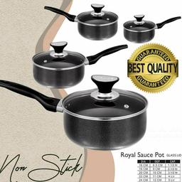 Non-Stick Stock Sauce Pot Cooking Pots Boiling Pot For Tea Milk Water 
20 cm, £15
22 cm, £18 
24 cm, £20

•Double layered non-stick surface that reduces the contact between the food and the fat.
•Excellent non-stick properties, easy release. Only a little bit of fat is needed. Easy to clean.
•Comfortable heat-resistant handle with thumb rest for a better, safer grip.
• Comes with a toughened glass vented lid
• Dishwasher safe, oven safe, and suitable for nearly all stove tops (except induction)