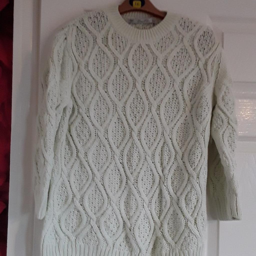 Gorgeous pale mint green cable knit jumper by Zara. fab condition as hardly worn. Postal delivery available. if buying more than 1 item from me I will charge a total postage fee if 3.85 plus the cost of items purchased