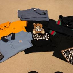 100% genuine, tops are aged 10. Moschino, Gucci, Moncler, Givenchy, EA7, Stone Island and Armani. Some tops are a small fitting so may fit a 9 year old better. In good clean used condition, sold as seen no returns. 
Bundle worth over £600 grab a bargain. 
From clean pet and smoke free home. 
Collection welcome