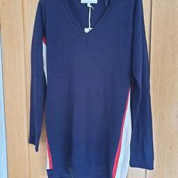 Next ladies navy knitwear,  size 8, v neck, long length, coulour block strips on side (see pic), new with tags