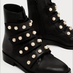 ZARA Women Black Leather Strappy Lace-Up Faux Pearl Ankle Biker Boots EUR 36 - equivalent to UK size 3

Condition is "Used”. Item has been worn on a couple of occasions but still in great condition. From a pet and smoke free home. Item bought as seen - thanks for looking.