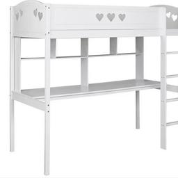 18 months old in as new condition from pet & smoke free home  (Argos 810/3129 £380)

Mia high sleeper with built in desk and shelves see the full details on Argos. already dissembled - COLLECTION ONLY 

Dimensions:
Safety rail height 32cm.
Frame size L195.3, W101.5, H181.8cm.
Clearance between floor and underside of bed 139.6cm.
Desk size H74.7, W194, D57.5cm.

The desk is L194.0 x W57.5 x D1.9cm, and the clearance underneath between desk and floor is 72.8cm. Great space for extra storage