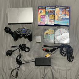 Silver Slimline PlayStation 2 Console Bundle.

Perfect working order. good condition.

Bundle includes:

- Unboxed Silver PS2 Console
- 3rd Party PS2 Controller
- 8MB Memory Card
- 5 PS2 Games.
- All leads

Check my reviews for peace of mind.

Can post for postage.

Can deliver locally for fuel.

Collection available from WS2.