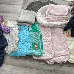 6 sleeping bags (in order of size) (1) 2.5 tog 0-6 m (2) 3.5 tog 0-6 m (3) 2.5 tog 0-6m (4) 2.5 tog 6-18m (5) 2.5 tog 12-18m (6) 1 tog 6-18m. Baby sleep pod. X3 blankets. X2 pram suits 3-6m. Navy blue coat 3-6m. Grey Cot bumper by breathable baby (4 sided) for safe sleeping so baby is able to breathe even if they roll into it. I can deliver locally