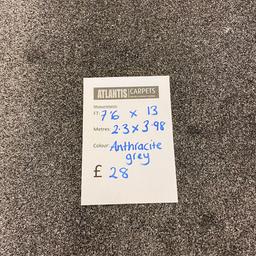 2.3 x 3.98 metres ( 7’6 x 13 ft) 

Grey carpet offcut remnant NEW

Ideal for a bedroom 

🌟Collection Atlantis Carpets 50 Marston Lane Bedworth CV12 8DH can be folded to put in a car 

👍Like and find us on Facebook