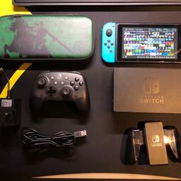 Unpatched Nintendo Switch that has been modded and running CFW.
With Tinfoil which is a free games store that you can download any game you want.
Comes with 128GB microSD and 32GB internal memory to store games.
Can pre-install any game you want until I fill up the memory card.
Accessories including:
Power Supply Charger
Dock
2 Joycons and Grip
Wired Controller w detachable wire
Zelda Case

There are some visible minor marks on the screen, However, marks are very minimal and wont affect usage.