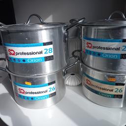 very large catering pots have been use but really good condition except one has a slight dent on the bottom of the pot but nothing efecting cooking cost me 20-25quid a pot when I bought them all with lids.
Great for big familys or events weddings etc..