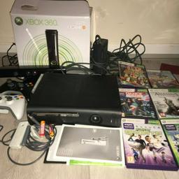 MICROSOFT XBOX 360 CONSOLE.
GAMES: Kinect Sports, Kinect Sports season 2. Kinect Joy Ride, Kinect Adventures!, Assassin’s Creed III & Dance Central. 2 Controllers. 2X Wifi dongles. Kinect. You get the manuals of the console. Everything is in used, but all in good conditions. Discs are in varies conditions. CONSOLE: CONSOLE IS IN GOOD WORKING ORDER, PLAYS WELL. IT HAS A BIG DEEP SCRATCH ON THE CONSOLE, WHICH IS SHOWN IN THE IMAGES. Any questions please ask. Thank you.
