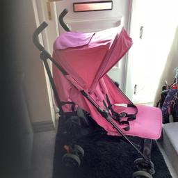 Pink Cuggi pushchair
Suitable from birth upto 3 years
3 recline position, harness, lockable front swivel wheels,
Adjustable leg rest, rear brake, hood view window, good size shopping basket.
Foot muff included - sorry no rain cover
Small mark on back of the hood, otherwise in great condition
Used at grandma’s house
Cash on Collection Please 
Westhoughton area