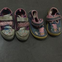 Includes 2 pairs of infant / toddler size 4 shoes

George peppa pig first Walker shoes have softer soles and been mostly used indoors 

Pumps are Velcro fastening. There is some pen/felt tip which is shown on the last picture. It might wash out and doesn’t affect use. 

Any questions please ask
