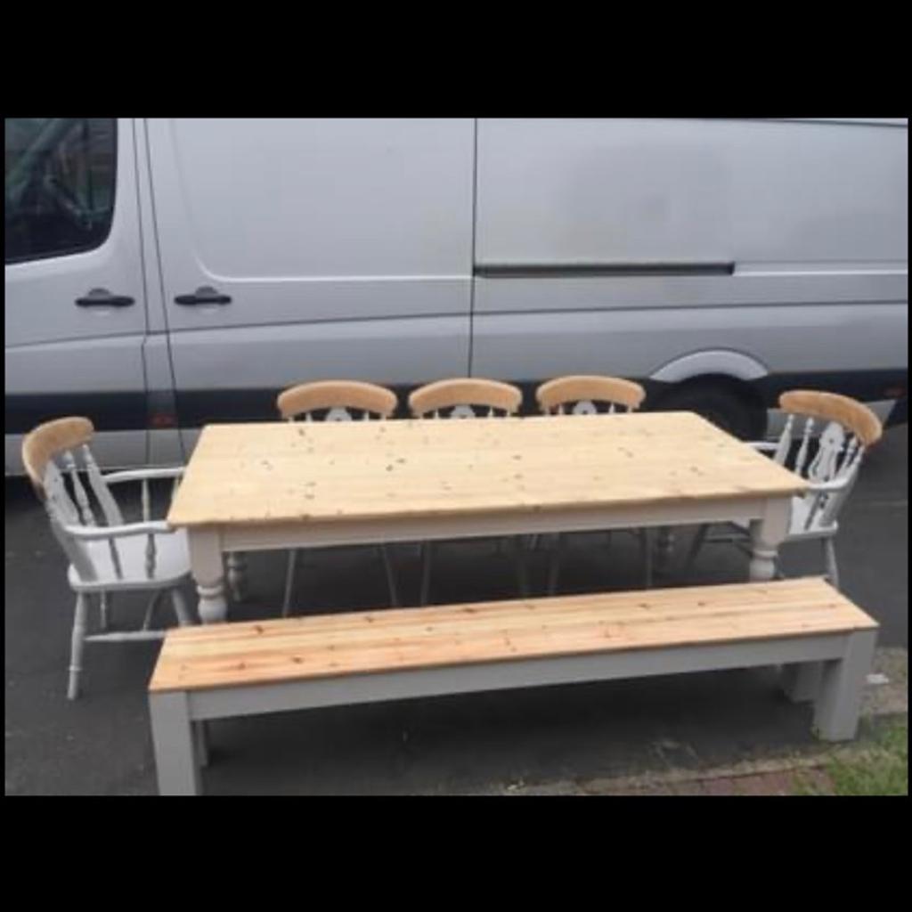 Gorgeous 8 seater farmhouse table and chairs with bench, price range £425-£445 each set. Feel free to contact me if you have any questions thank you.