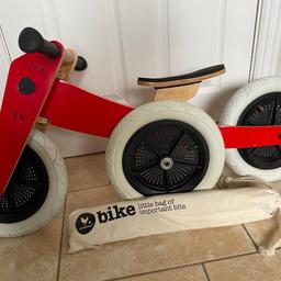 Wishbone 3 in 1 wooden balance bike /trike in red for ages 1-5. Converts from trike to balance bike and height adjustable with turning over wishbone frame. Very good used condition with original packaging and kit.
£150+ new